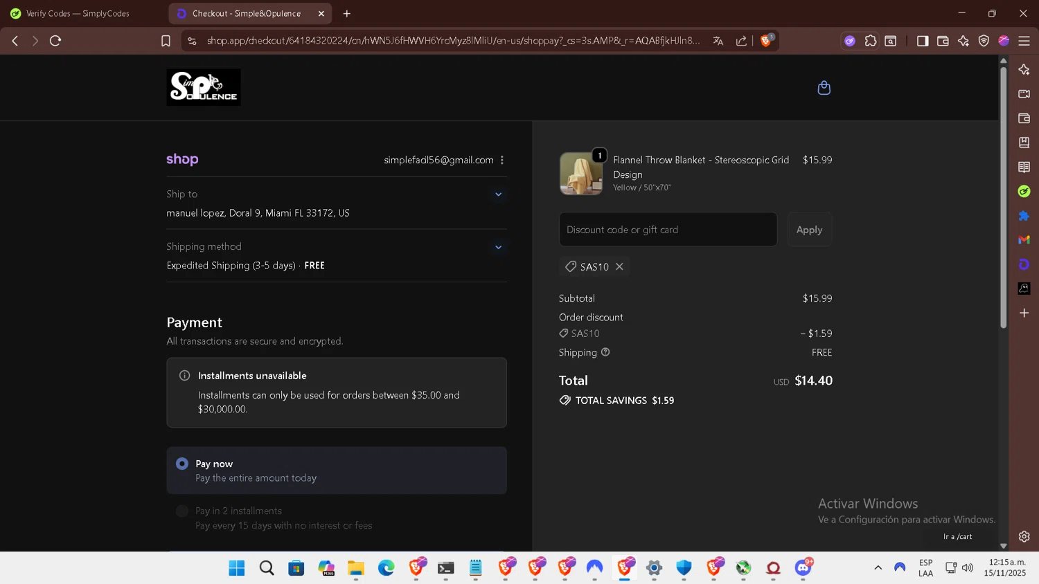 Simple&Opulence promo code screenshot showing code SAS10 applied at Simple&Opulence checkout page. Uploaded by SimplyCodes community member DiscountExpert556 on Nov 15, 2025