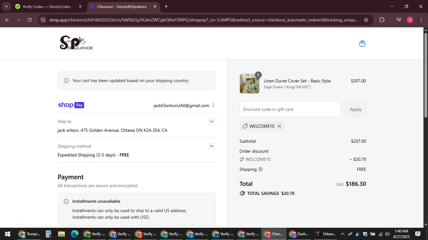 Simple&Opulence promo code screenshot showing code WELCOME10 applied at Simple&Opulence checkout page. Uploaded by SimplyCodes community member JackWilson63 on Aug 27, 2025