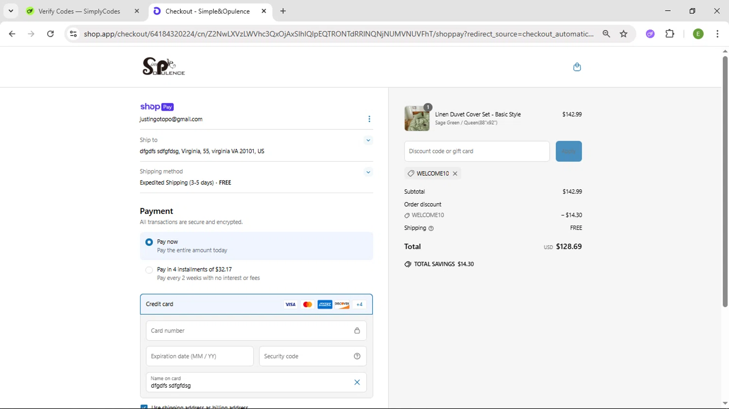 Simple&Opulence promo code screenshot showing code WELCOME10 applied at Simple&Opulence checkout page. Uploaded by SimplyCodes community member SUZUKIV on Jun 12, 2025