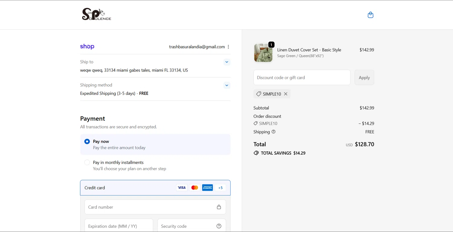 Simple&Opulence promo code screenshot showing code SIMPLE10 applied at Simple&Opulence checkout page. Uploaded by SimplyCodes community member Lanzaa on Dec 5, 2025