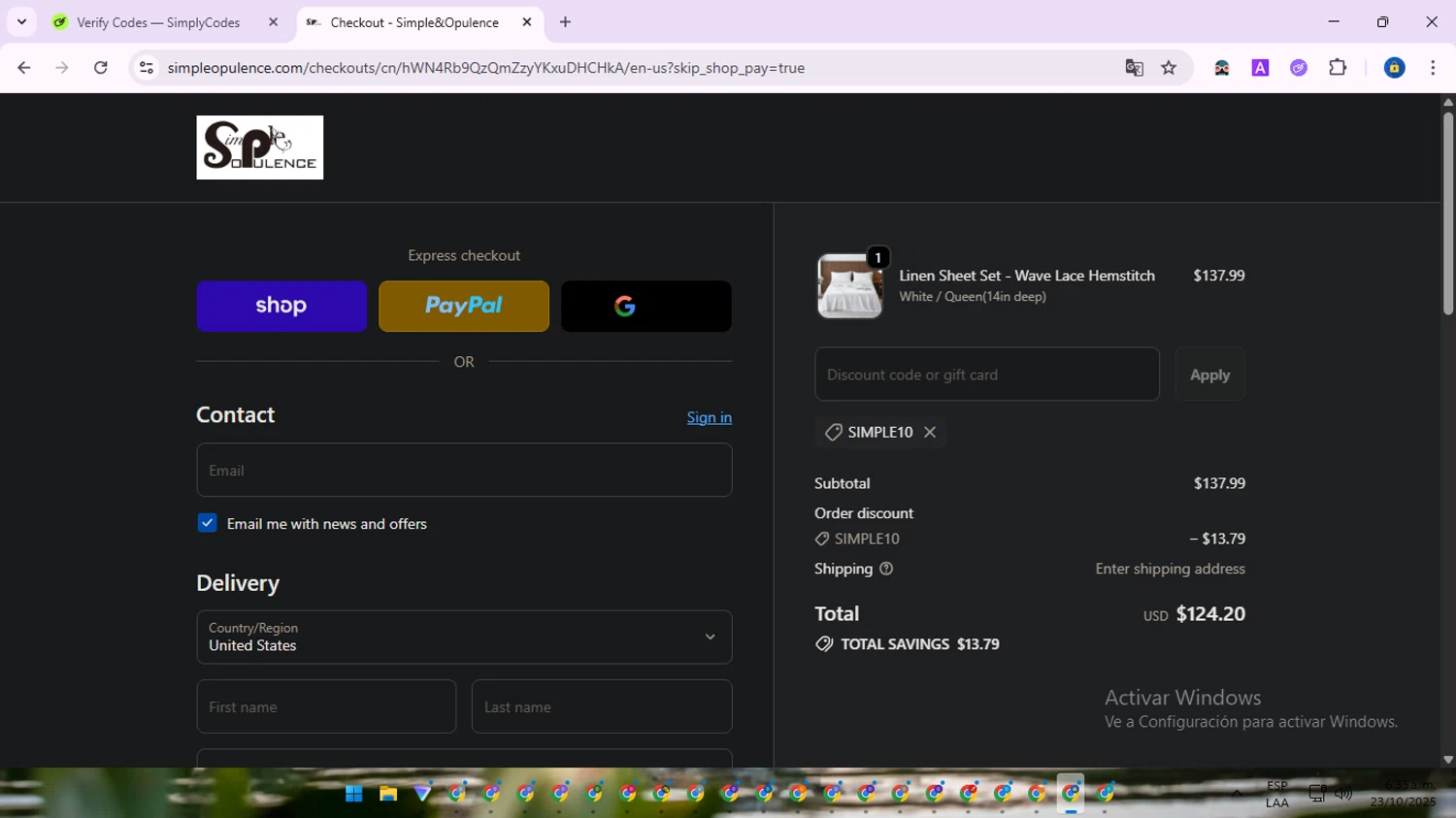 Simple&Opulence promo code screenshot showing code SIMPLE10 applied at Simple&Opulence checkout page. Uploaded by SimplyCodes community member SwiftWarden6832 on Oct 23, 2025