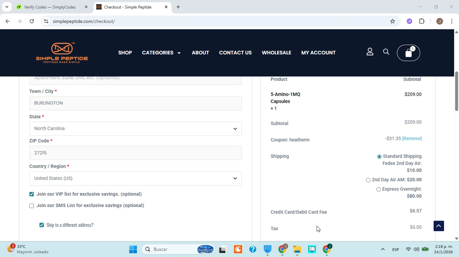 Simple Peptide checkout page showing Simple Peptide coupon code box | Screenshot taken by SimplyCodes community member on Jan 24, 2026