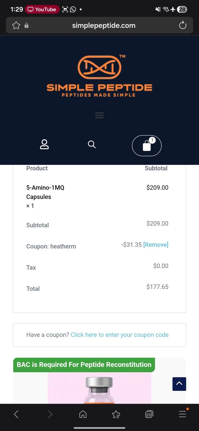 Simple Peptide checkout page showing Simple Peptide coupon code box | Screenshot taken by SimplyCodes community member on Jan 1, 2026