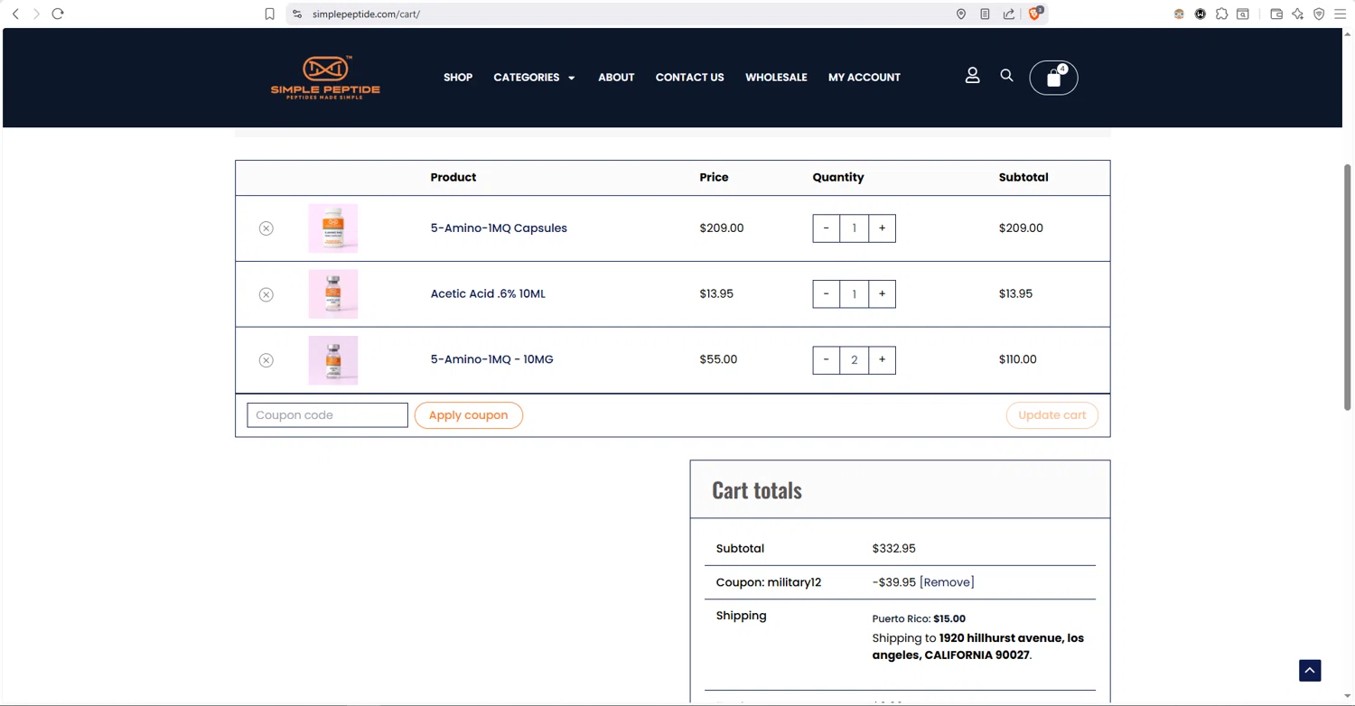Simple Peptide checkout page showing Simple Peptide coupon code box | Screenshot taken by SimplyCodes community member on Jan 10, 2026