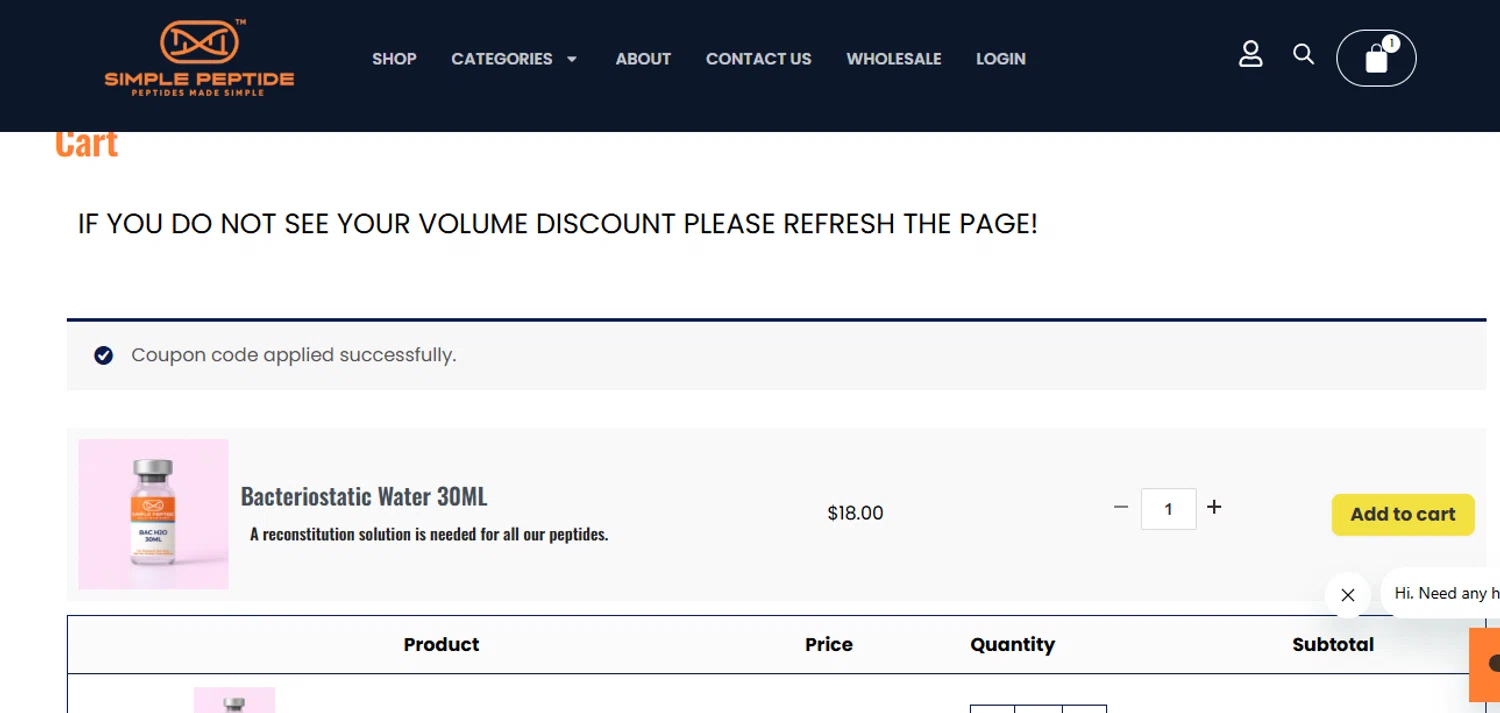Simple Peptide coupon code screenshot showing code HeatherM applied at Simple Peptide checkout page. Uploaded by SimplyCodes community member ashe1986 on Nov 27, 2025
