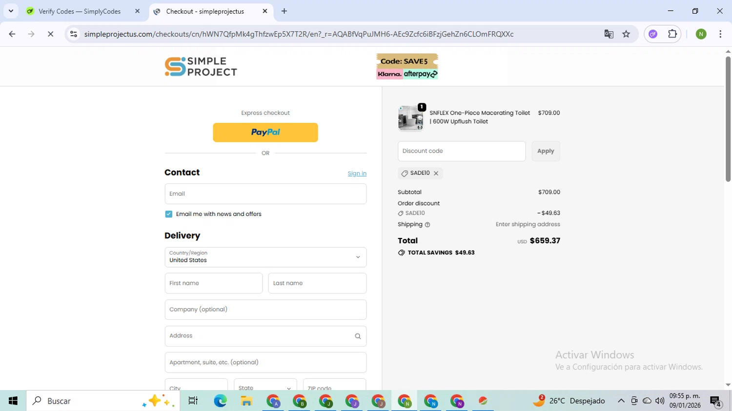 Simple Project checkout page showing Simple Project promo code box | Screenshot taken by SimplyCodes community member on Jan 10, 2026
