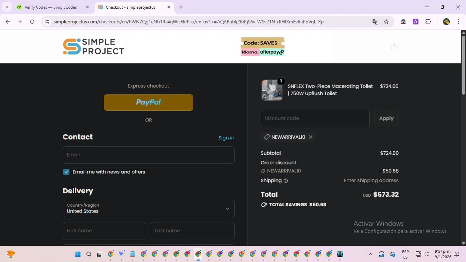 Simple Project checkout page showing Simple Project promo code box | Screenshot taken by SimplyCodes community member on Jan 10, 2026