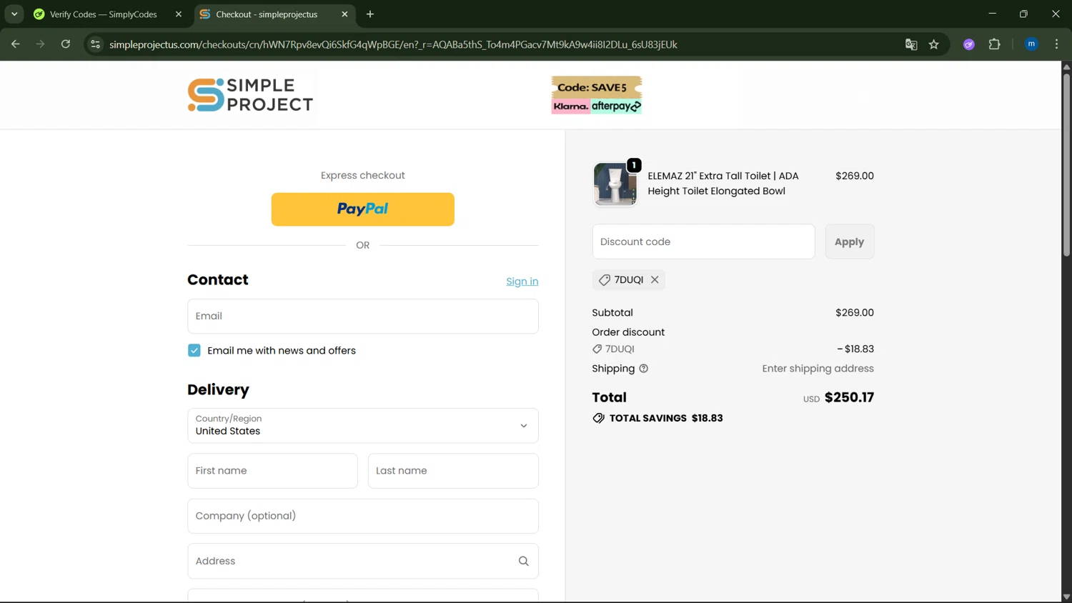 Simple Project checkout page showing Simple Project promo code box | Screenshot taken by SimplyCodes community member on Jan 10, 2026