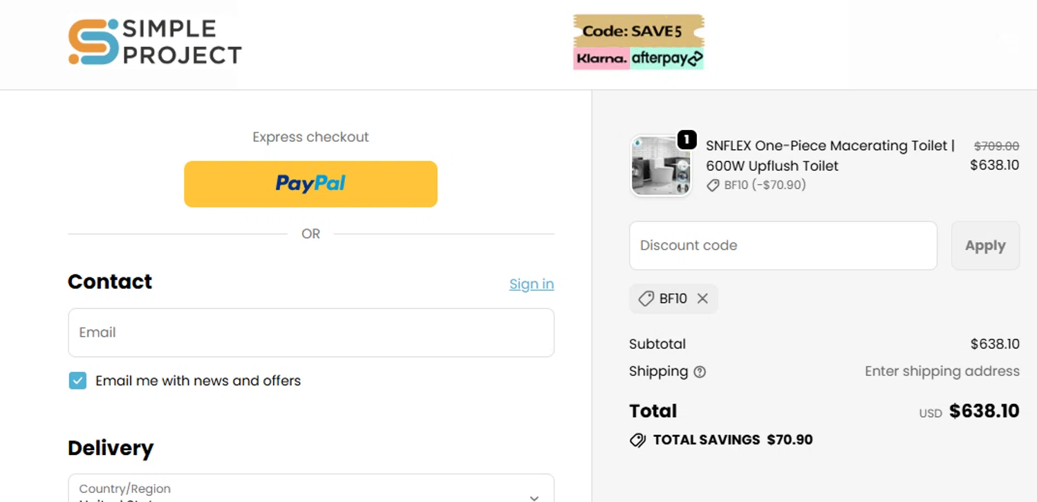Simple Project promo code screenshot showing code BF10 applied at Simple Project checkout page. Uploaded by SimplyCodes community member mora_2301 on Nov 3, 2025