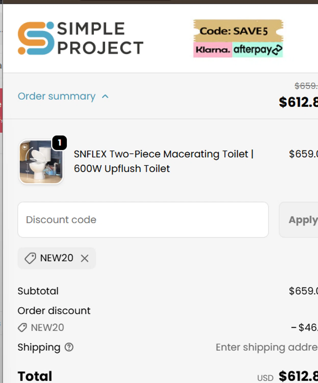 Simple Project promo code screenshot showing code NEW20 applied at Simple Project checkout page. Uploaded by SimplyCodes community member Weknd557 on Nov 27, 2025