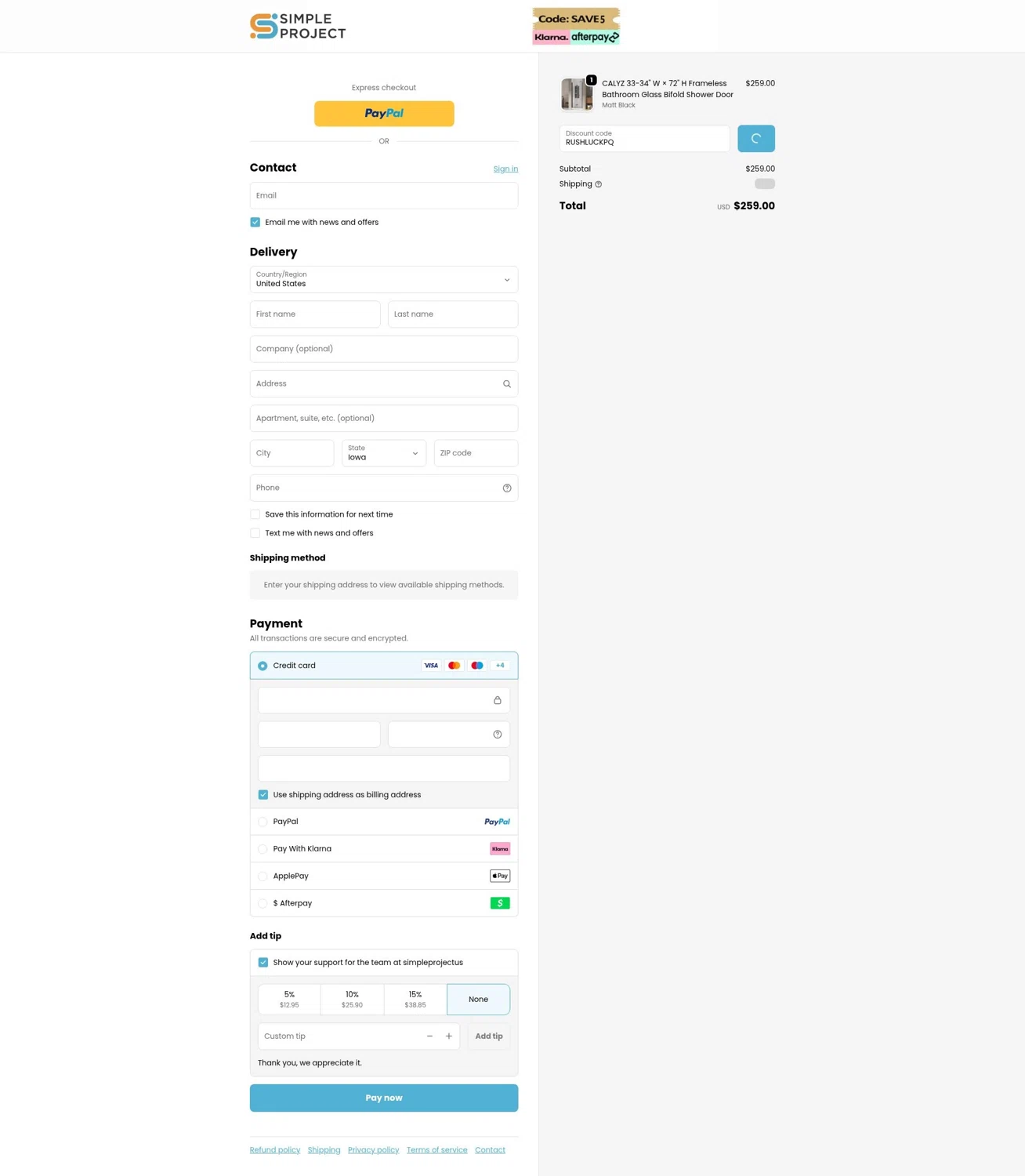 Simple Project promo code screenshot showing code RUSHLUCKPQ applied at Simple Project checkout page. Uploaded by SimplyCodes community member LOgoter on Jan 4, 2026