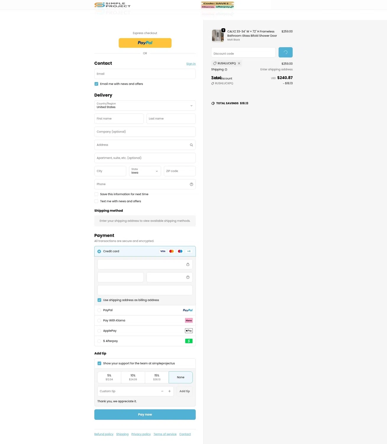 Simple Project promo code screenshot showing code RUSHLUCKPQ applied at Simple Project checkout page. Uploaded by SimplyCodes community member swiftie on Dec 28, 2025