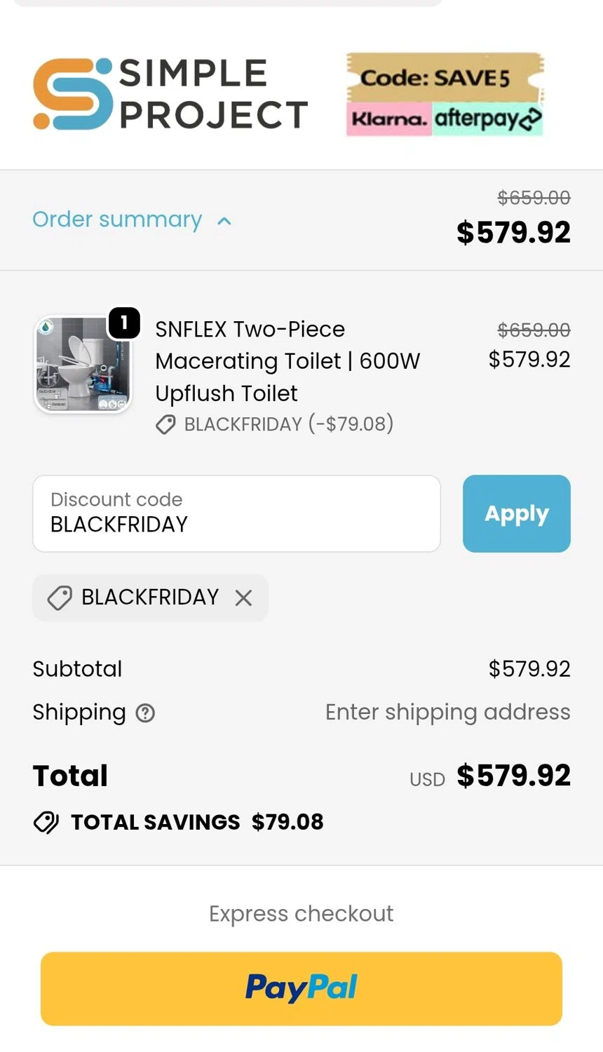 Simple Project promo code screenshot showing code BLACKFRIDAY applied at Simple Project checkout page. Uploaded by SimplyCodes community member JuanMonge on Nov 3, 2025
