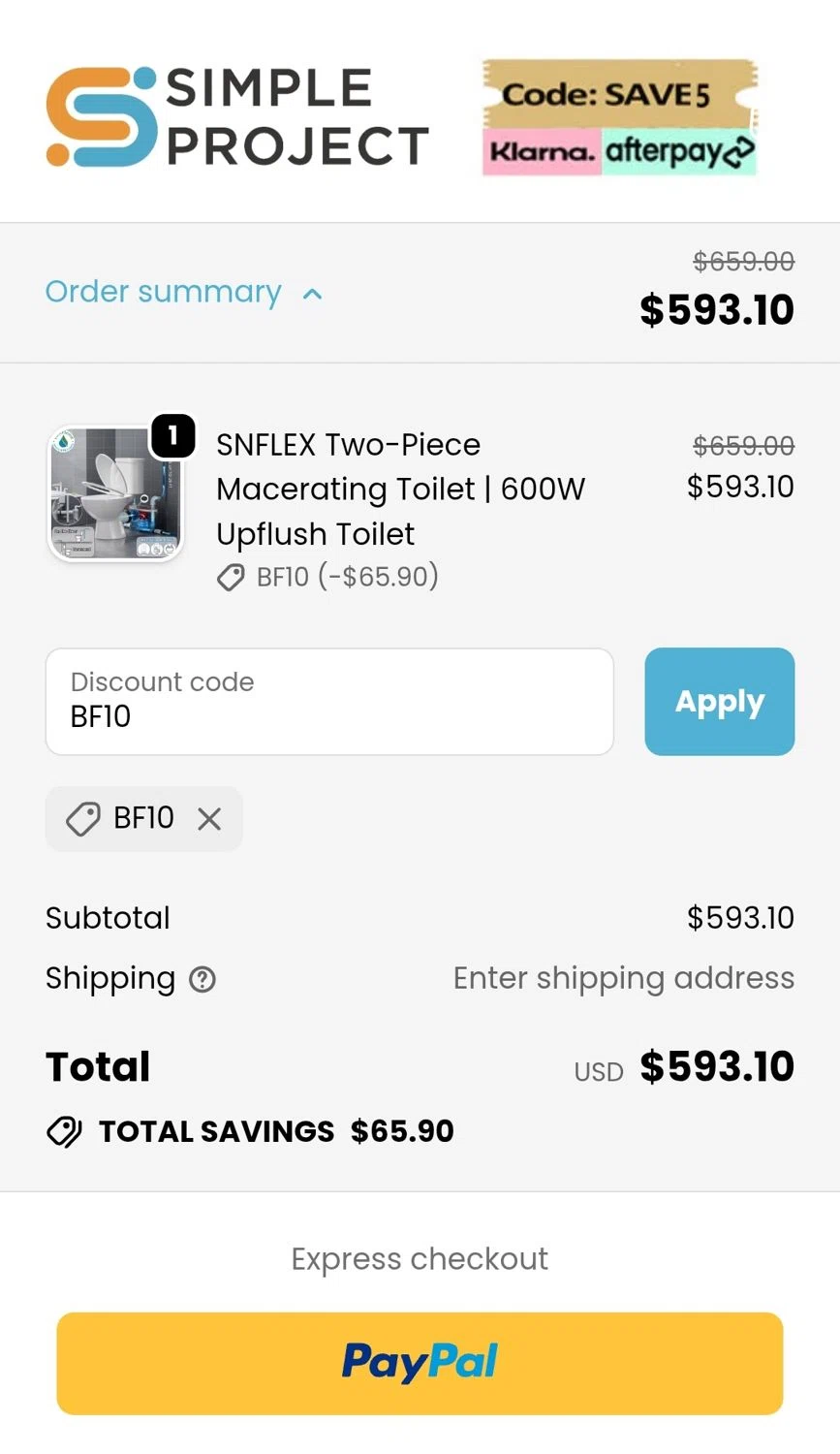 Simple Project promo code screenshot showing code BF10 applied at Simple Project checkout page. Uploaded by SimplyCodes community member JuanMonge on Nov 3, 2025