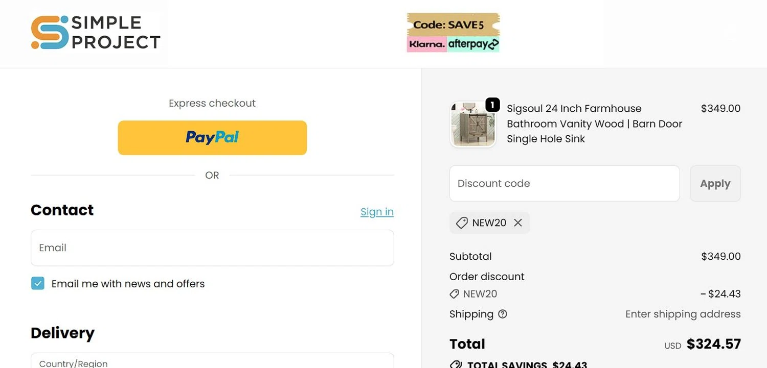 Simple Project promo code screenshot showing code NEW20 applied at Simple Project checkout page. Uploaded by SimplyCodes community member Mistica on Nov 27, 2025
