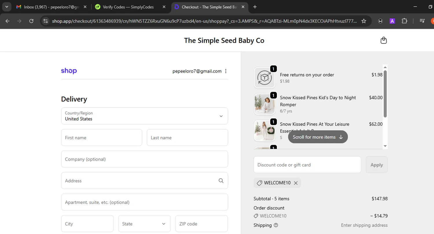 Simple Seed Baby discount code screenshot showing code WELCOME10 applied at Simple Seed Baby checkout page. Uploaded by SimplyCodes community member Eminem on Nov 19, 2025