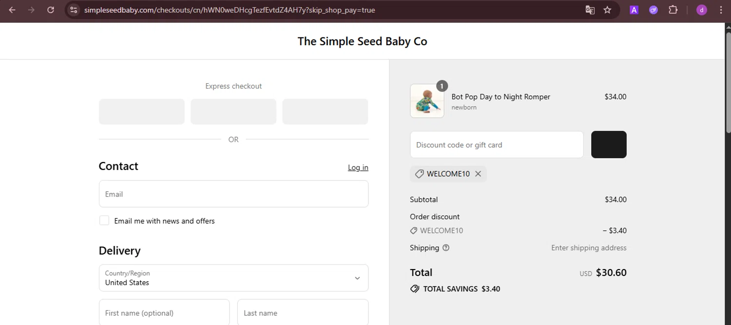 Simple Seed Baby discount code screenshot showing code WELCOME10 applied at Simple Seed Baby checkout page. Uploaded by SimplyCodes community member PennyTiger4891 on Jul 23, 2025