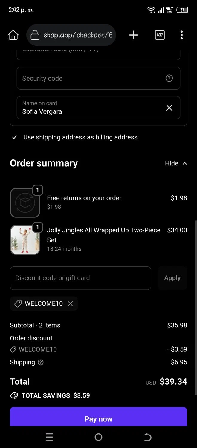 Simple Seed Baby discount code screenshot showing code WELCOME10 applied at Simple Seed Baby checkout page. Uploaded by SimplyCodes community member Pipina11 on Nov 29, 2025