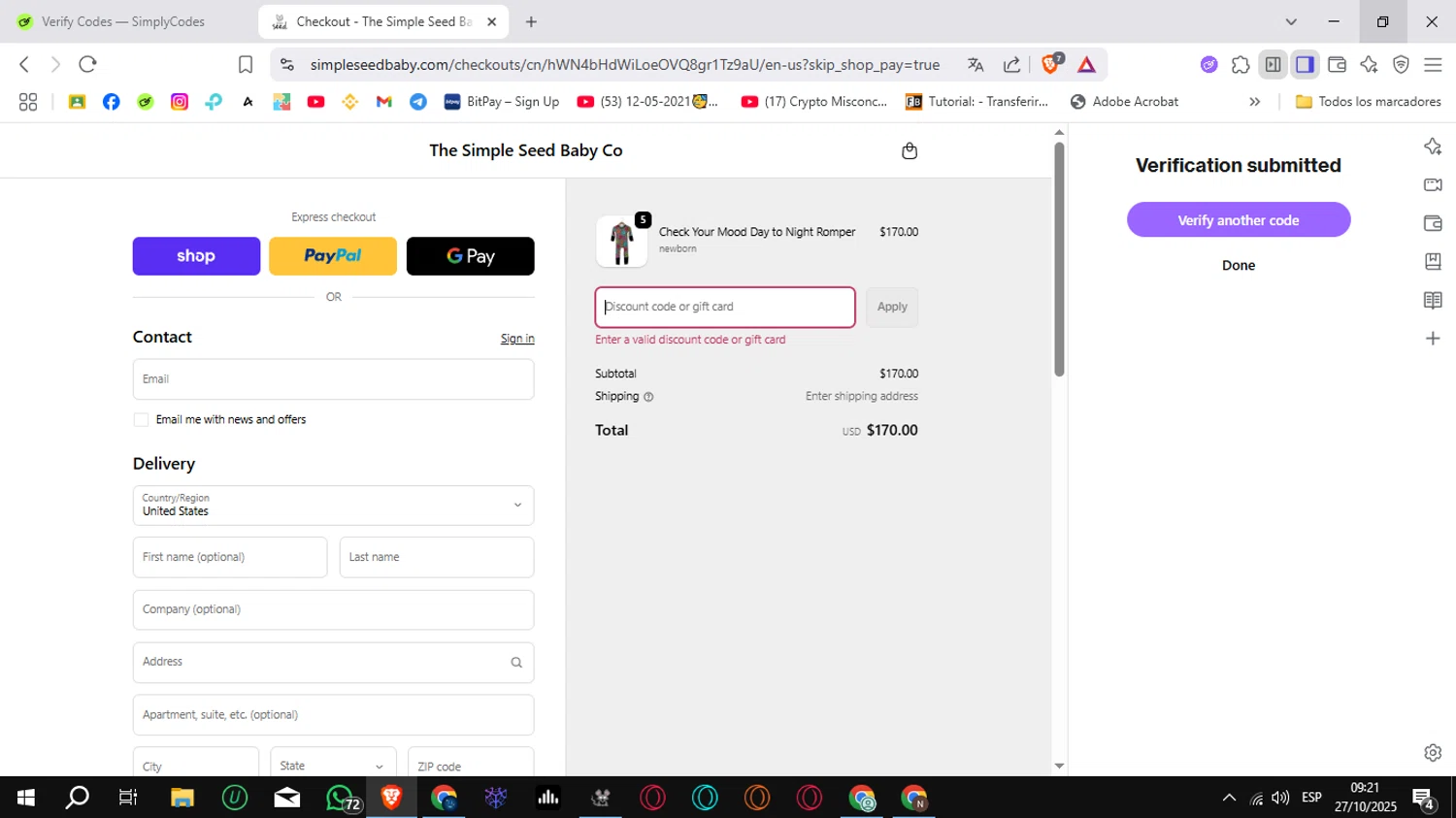 Simple Seed Baby discount code screenshot showing code LUXE15 applied at Simple Seed Baby checkout page. Uploaded by SimplyCodes community member Sungjinwoo on Oct 27, 2025