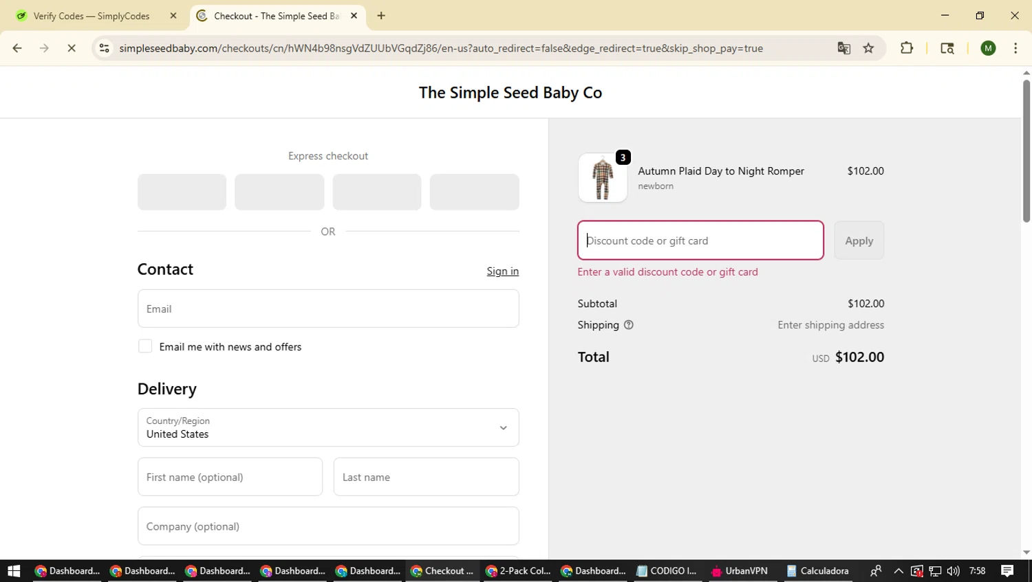Simple Seed Baby discount code screenshot showing code LUXE15 applied at Simple Seed Baby checkout page. Uploaded by SimplyCodes community member loversuper on Oct 27, 2025
