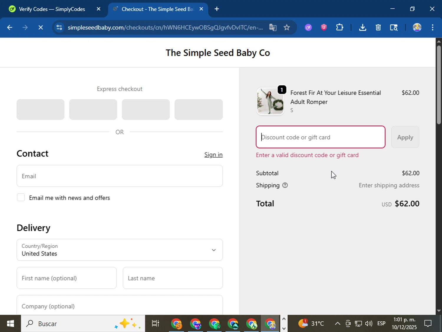 Simple Seed Baby discount code screenshot showing code RYLEIGH applied at Simple Seed Baby checkout page. Uploaded by SimplyCodes community member Bope_________ on Dec 10, 2025