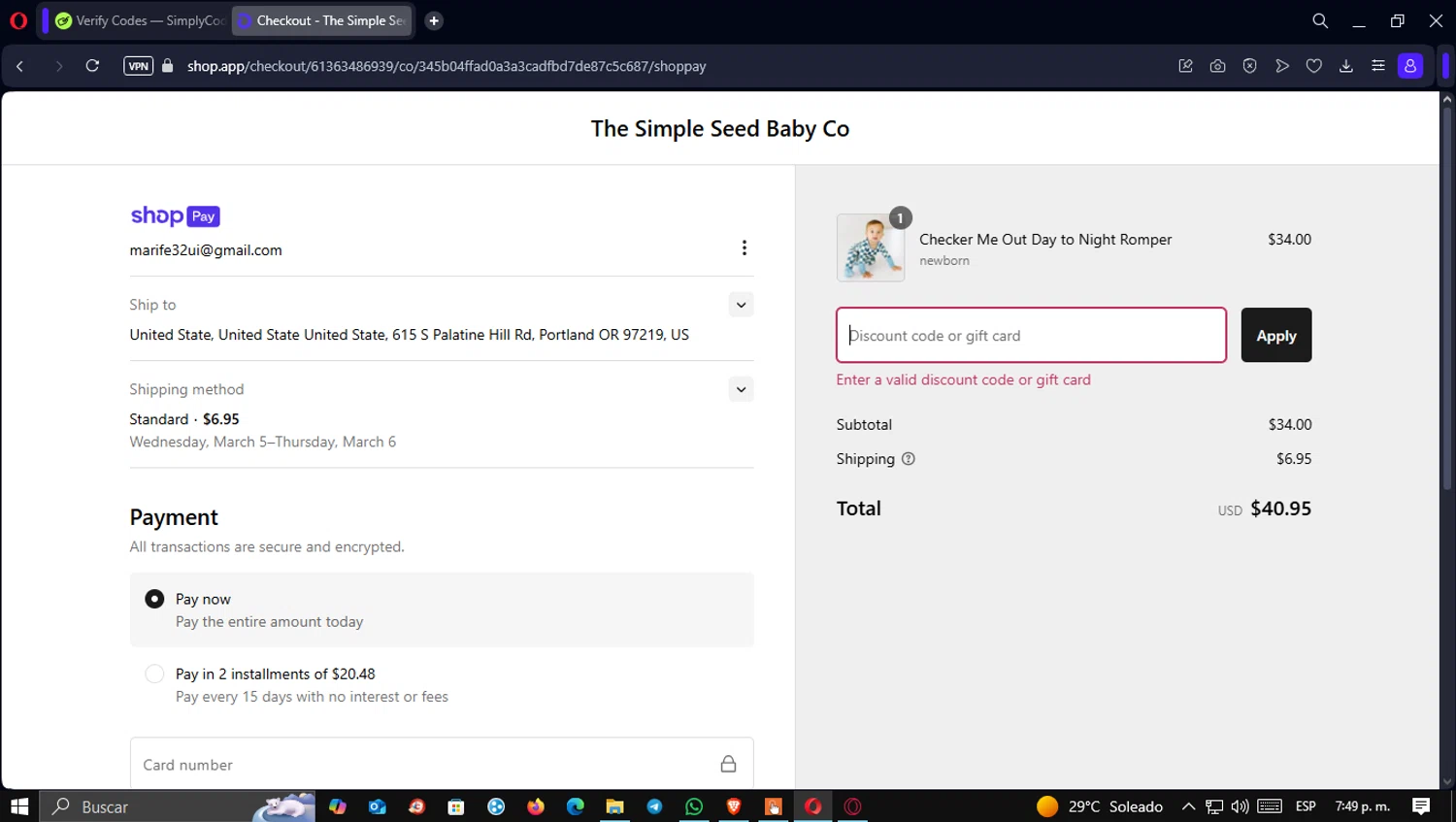 Simple Seed Baby discount code screenshot showing code CELEBRATE20 applied at Simple Seed Baby checkout page. Uploaded by SimplyCodes community member CleoSalvatore on Feb 27, 2025