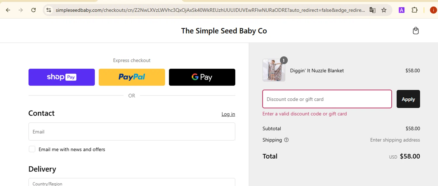 Simple Seed Baby discount code screenshot showing code CELEBRATE20 applied at Simple Seed Baby checkout page. Uploaded by SimplyCodes community member SmartMaestro6853 on Feb 28, 2025