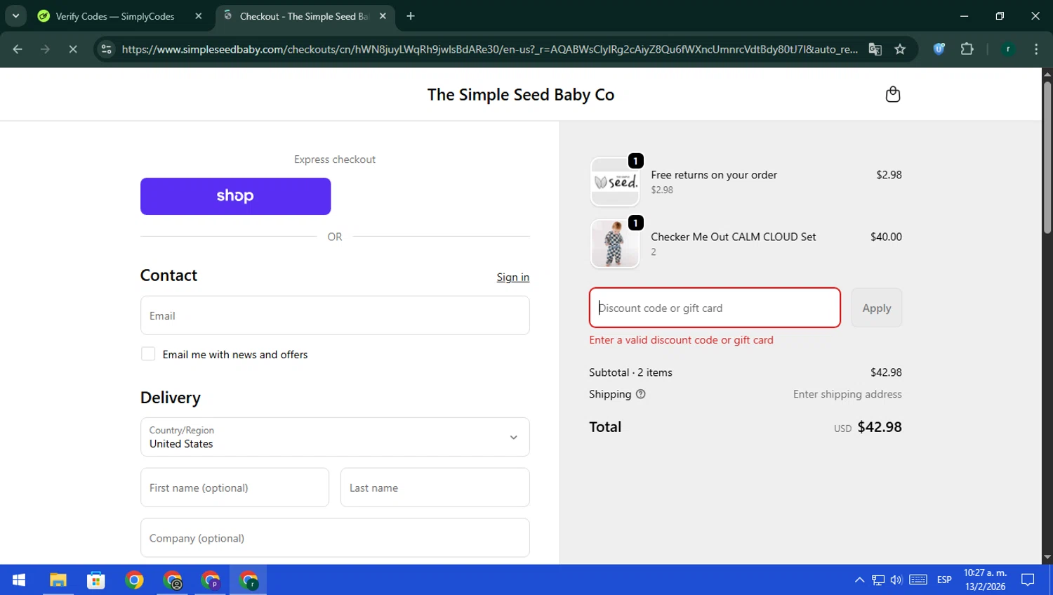 Simple Seed Baby discount code screenshot showing code CELEBRATE20 applied at Simple Seed Baby checkout page. Uploaded by SimplyCodes community member rodri1 on Feb 13, 2026