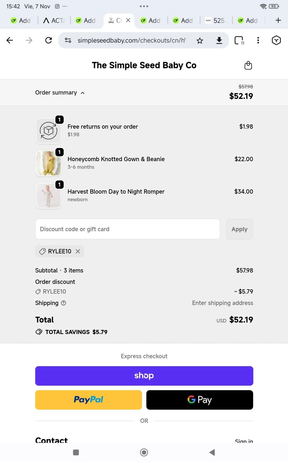 Simple Seed Baby discount code screenshot showing code Rylee10 applied at Simple Seed Baby checkout page. Uploaded by SimplyCodes community member KarinaHZ on Nov 7, 2025