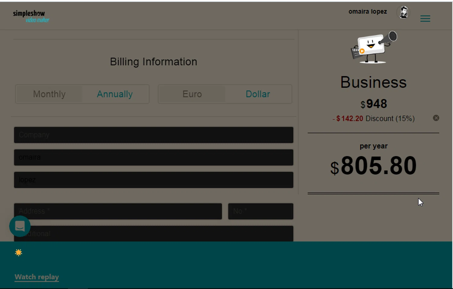simpleshow promo code screenshot showing code SAVE15 applied at simpleshow checkout page. Uploaded by SimplyCodes community member IFeelGood3 on May 30, 2025