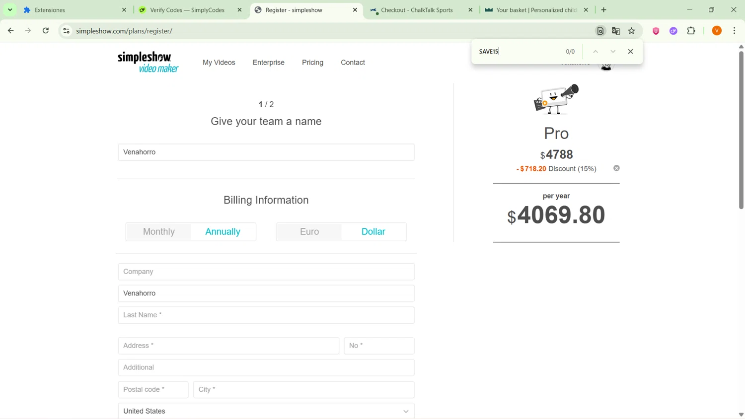 simpleshow promo code screenshot showing code SAVE15 applied at simpleshow checkout page. Uploaded by SimplyCodes community member MightyPro2893 on Nov 12, 2025