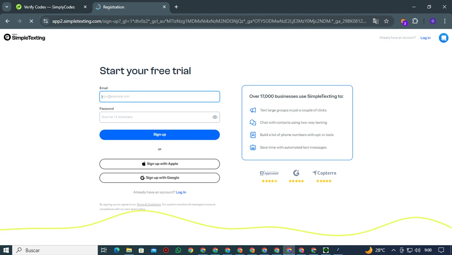 SimpleTexting promo code screenshot showing code HTY65 applied at SimpleTexting checkout page. Uploaded by SimplyCodes community member TERESASA on Jan 9, 2025
