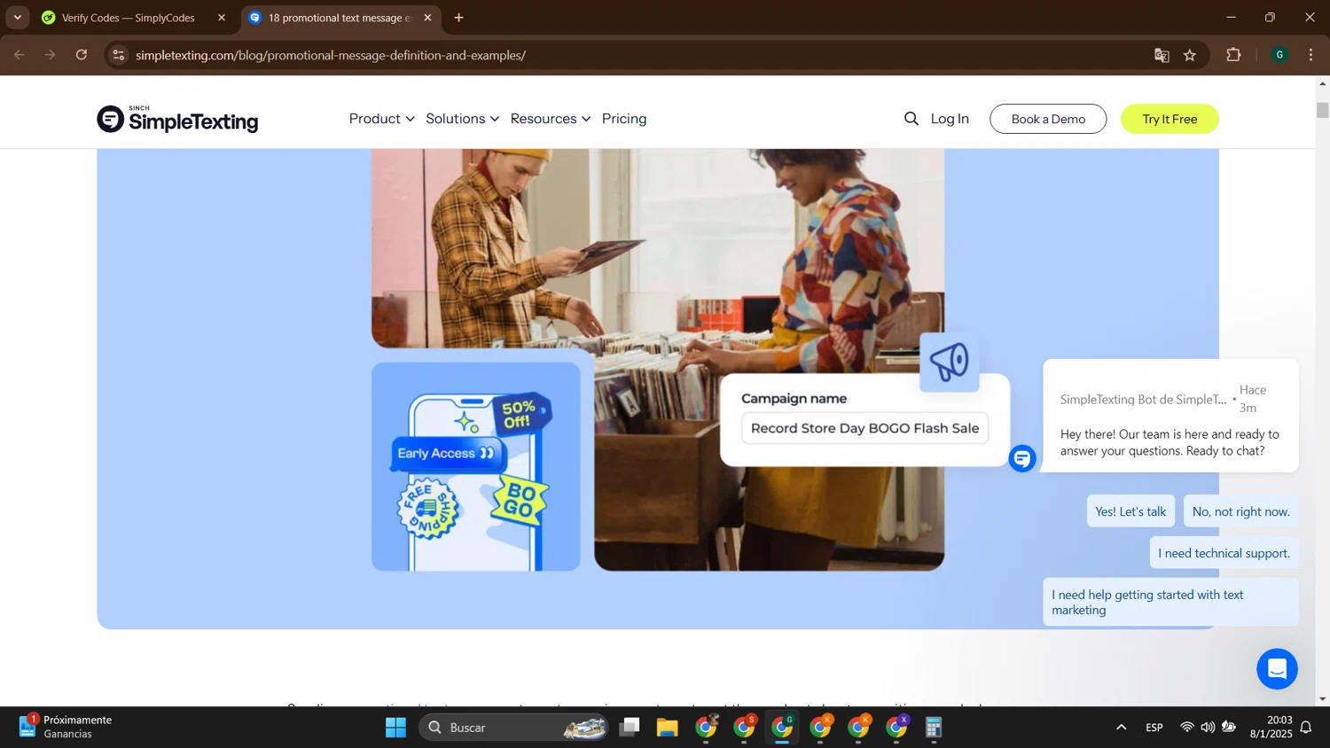 SimpleTexting promo code screenshot showing code HTY65 applied at SimpleTexting checkout page. Uploaded by SimplyCodes community member ThriftyTitan786 on Jan 9, 2025