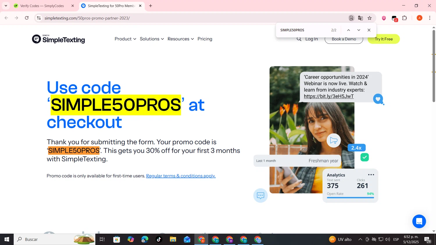 SimpleTexting promo code screenshot showing code SIMPLE50PROS applied at SimpleTexting checkout page. Uploaded by SimplyCodes community member FrugalSentinel6206 on Dec 5, 2025