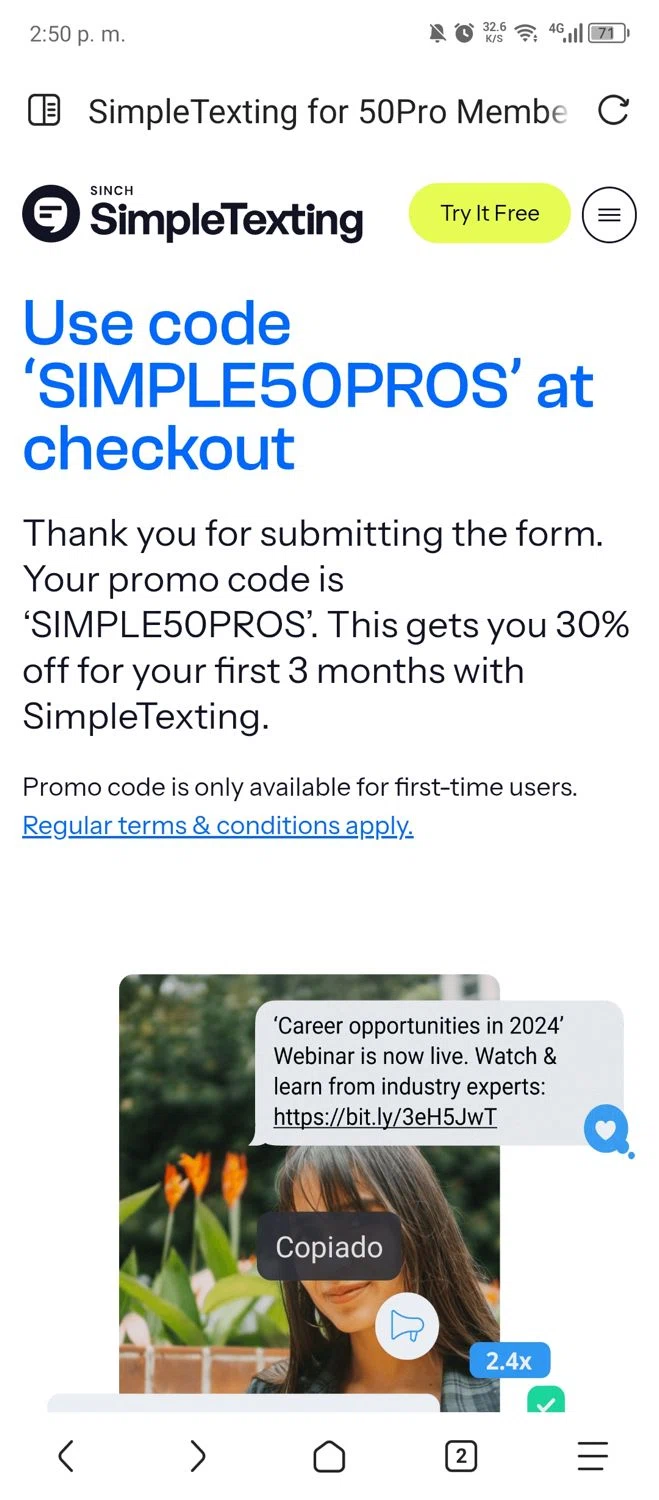 SimpleTexting checkout page showing SimpleTexting promo code box | Screenshot taken by SimplyCodes community member on Nov 18, 2025