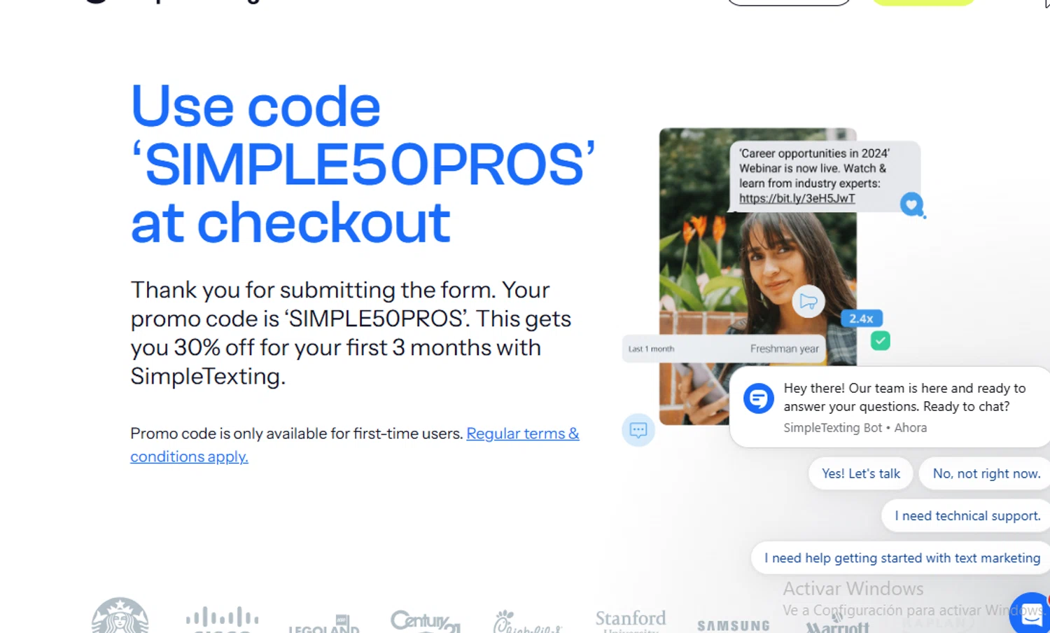 SimpleTexting promo code screenshot showing code SIMPLE50PROS applied at SimpleTexting checkout page. Uploaded by SimplyCodes community member ligthYA on Jan 25, 2026