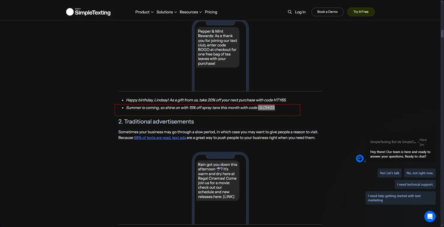 SimpleTexting promo code screenshot showing code GLOW23 applied at SimpleTexting checkout page. Uploaded by SimplyCodes community member LazarAngeloo on Jan 8, 2025