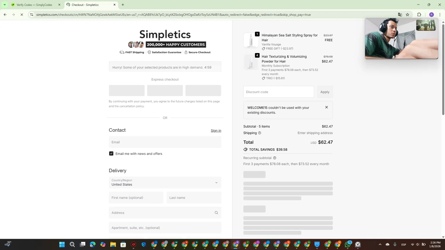 Simpletics discount code screenshot showing code WELCOME15 applied at Simpletics checkout page. Uploaded by SimplyCodes community member CouponBoss4754 on Jan 8, 2026