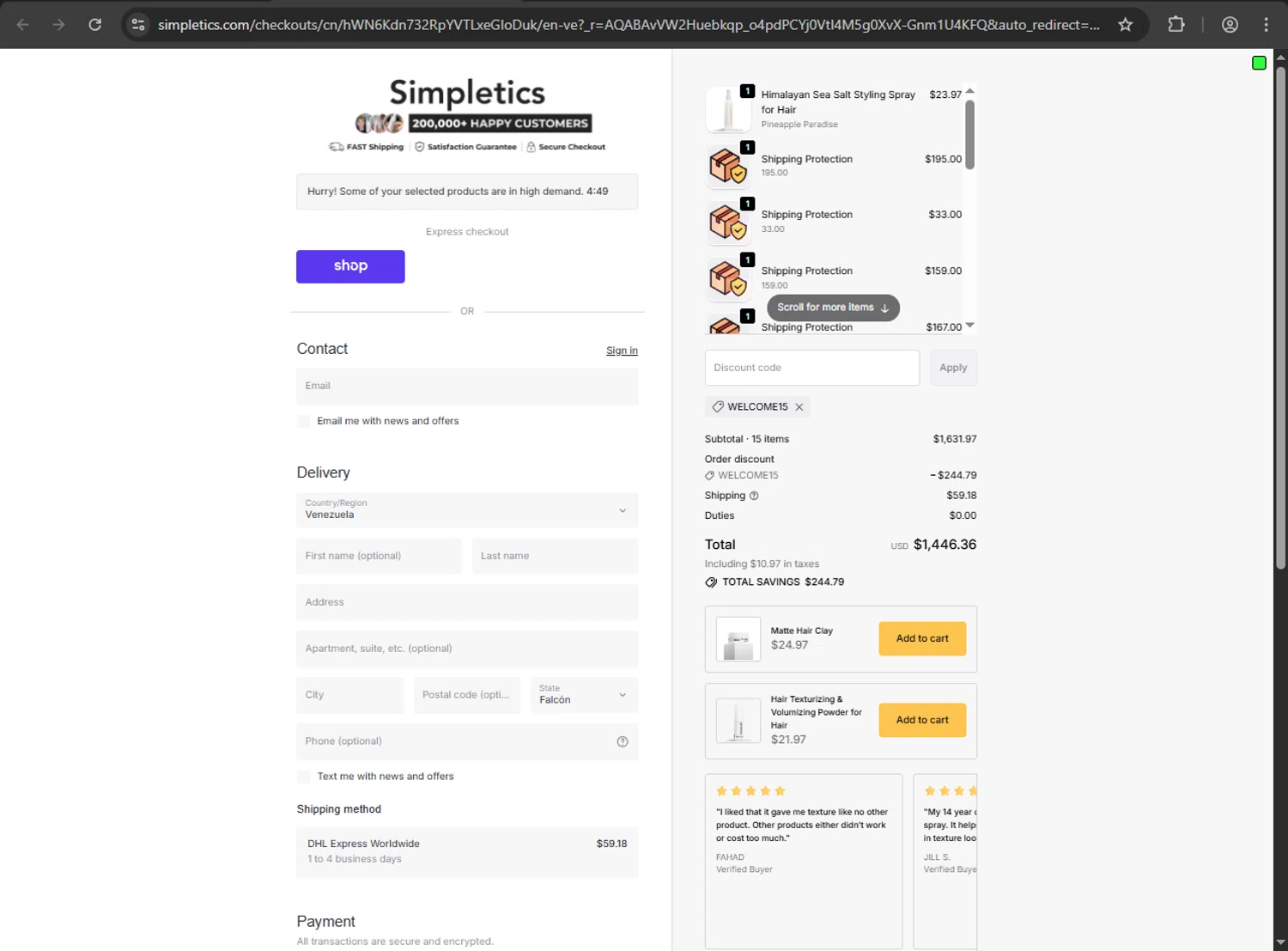 Simpletics discount code screenshot showing code WELCOME15 applied at Simpletics checkout page. Uploaded by SimplyCodes community member artritis on Dec 12, 2025