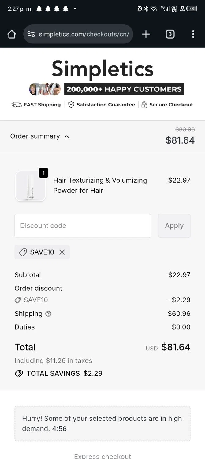 Simpletics checkout page showing Simpletics discount code box | Screenshot taken by SimplyCodes community member on Jan 8, 2026