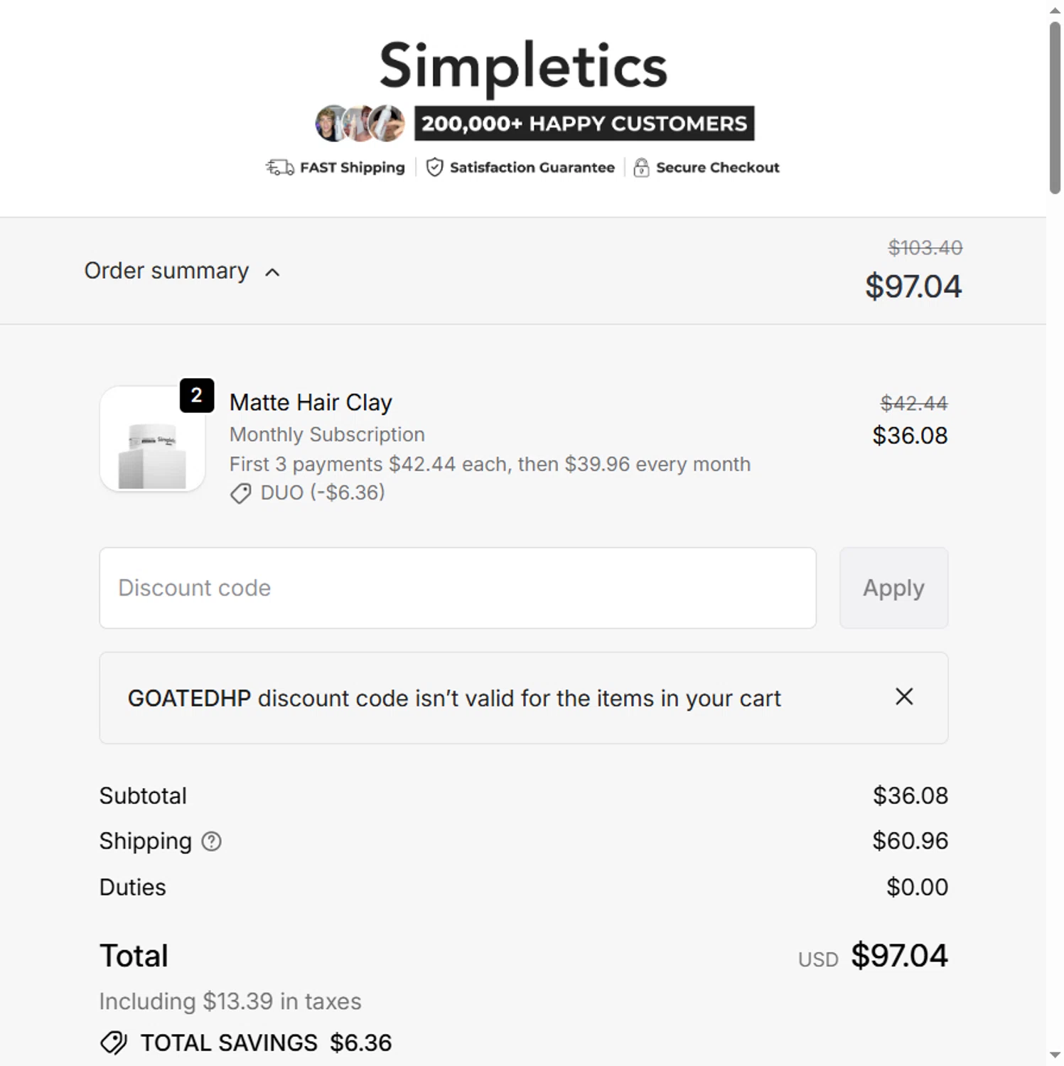 Simpletics checkout page showing Simpletics discount code box | Screenshot taken by SimplyCodes community member on Jan 8, 2026
