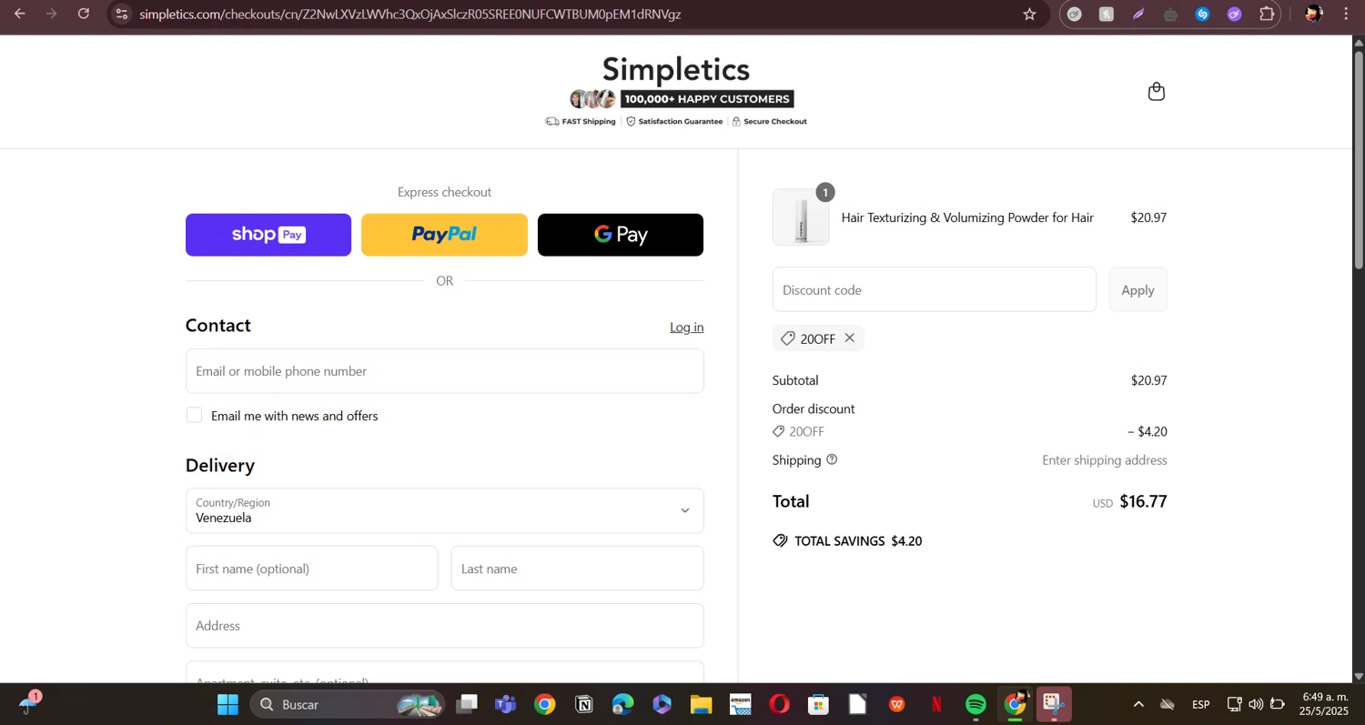 Simpletics discount code screenshot showing code 20OFF applied at Simpletics checkout page. Uploaded by SimplyCodes community member ERI0810 on May 25, 2025