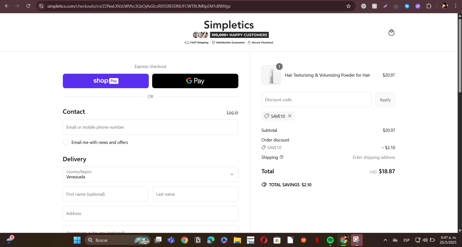 Simpletics discount code screenshot showing code SAVE10 applied at Simpletics checkout page. Uploaded by SimplyCodes community member ERI0810 on May 25, 2025