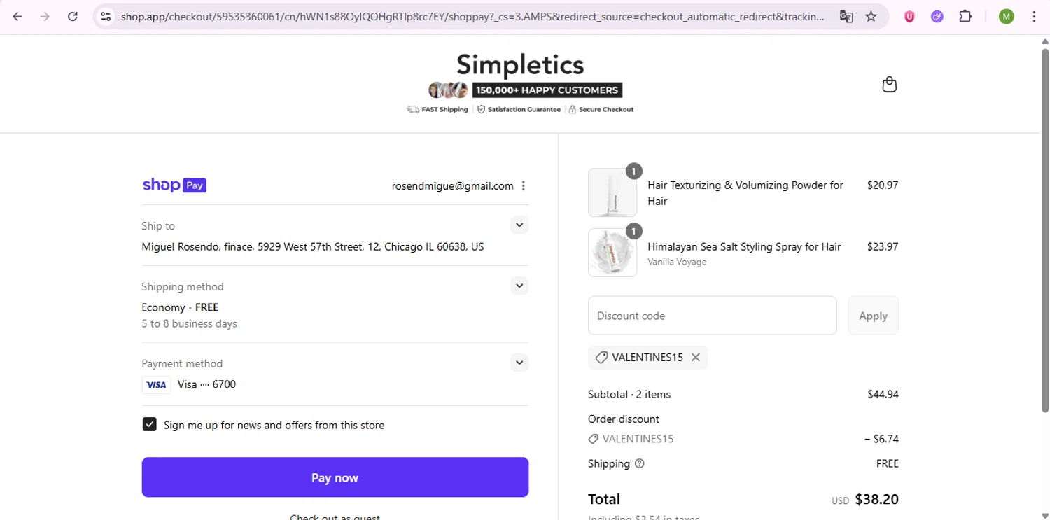 Simpletics discount code screenshot showing code VALENTINES15 applied at Simpletics checkout page. Uploaded by SimplyCodes community member SaleSentinel7319 on Aug 16, 2025