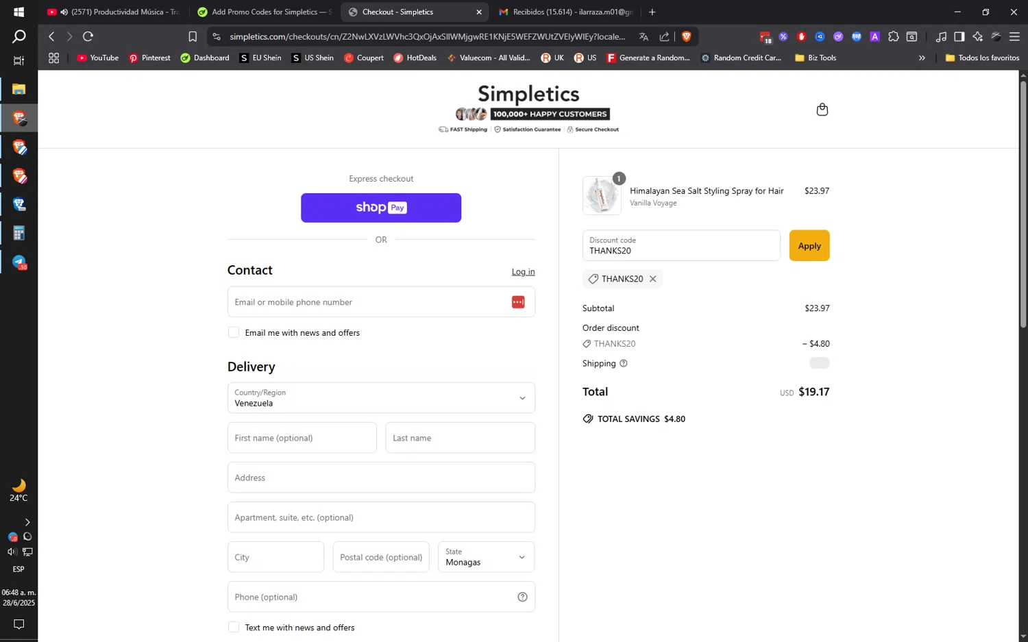 Simpletics discount code screenshot showing code THANKS20 applied at Simpletics checkout page. Uploaded by SimplyCodes community member ilarrazaM1 on Jun 28, 2025