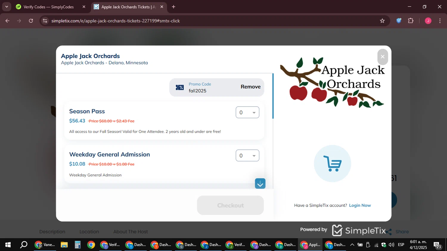 SimpleTix promo code screenshot showing code fall2025 applied at SimpleTix checkout page. Uploaded by SimplyCodes community member JackWilson63 on Dec 4, 2025