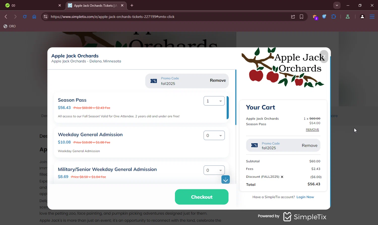 SimpleTix promo code screenshot showing code fall2025 applied at SimpleTix checkout page. Uploaded by SimplyCodes community member ShieldLion4225 on Oct 7, 2025