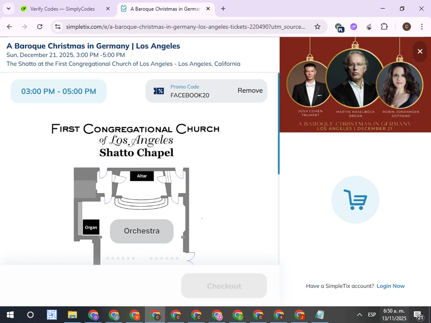 SimpleTix promo code screenshot showing code FACEBOOK20 applied at SimpleTix checkout page. Uploaded by SimplyCodes community member ExtraordinaryPro8536 on Nov 13, 2025