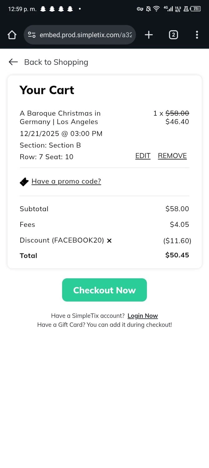 SimpleTix promo code screenshot showing code FACEBOOK20 applied at SimpleTix checkout page. Uploaded by SimplyCodes community member Nickurtdale on Dec 1, 2025