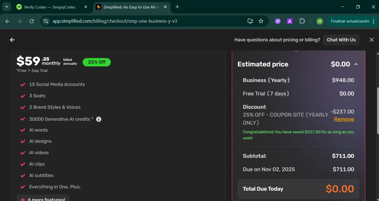 Simplified coupon code screenshot showing code 25more applied at Simplified checkout page. Uploaded by SimplyCodes community member MARCVH on Oct 26, 2025